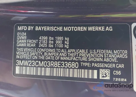2024 BMW 230I z USA, uszkodzony, nr VIN 3MW23CM03R8E33680